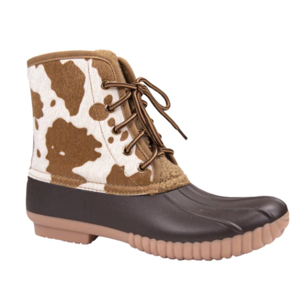 SIMPLY SOUTHERN COW PRINT LACE UP DUCK BOOTS